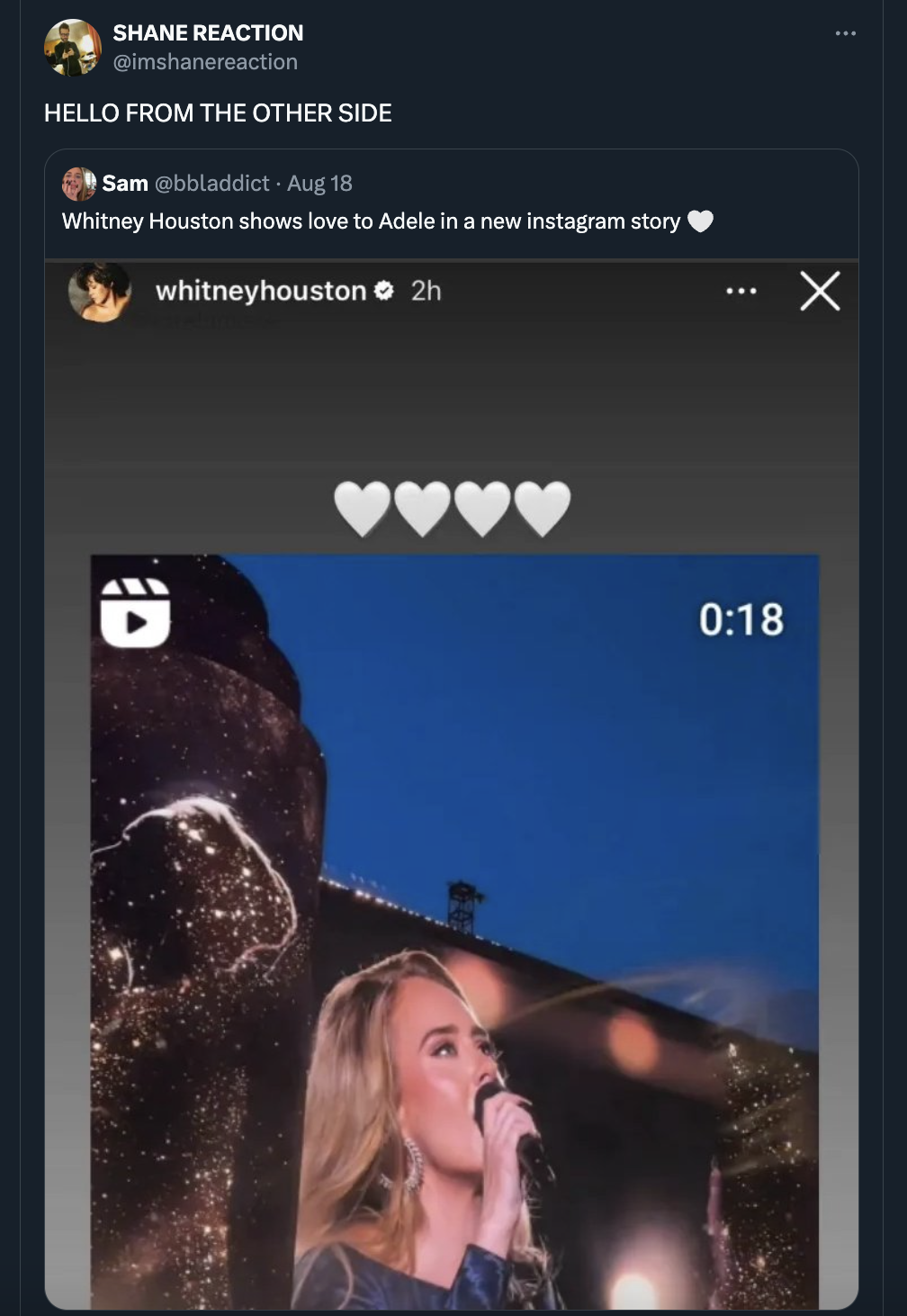 screenshot - Shane Reaction Hello From The Other Side Sam Aug 18 Whitney Houston shows love to Adele in a new instagram story whitneyhouston 2h